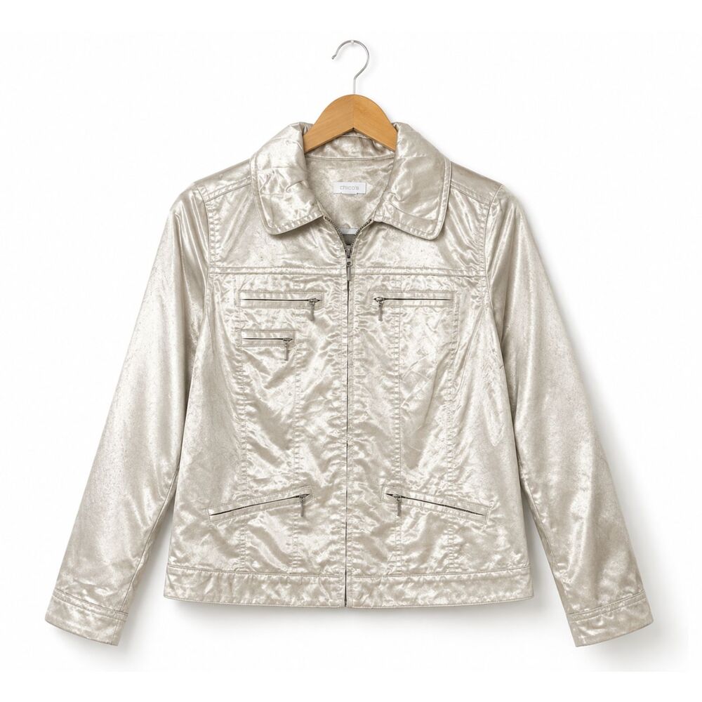 Metallic Gold Utility Bomber Y2K Chico's Jacket Zip Front Glam Festival Rock S